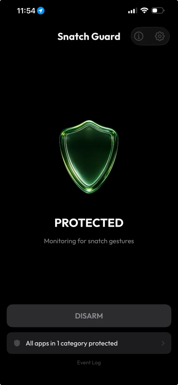 Snatch Guard armed — Protected, monitoring for snatch gestures