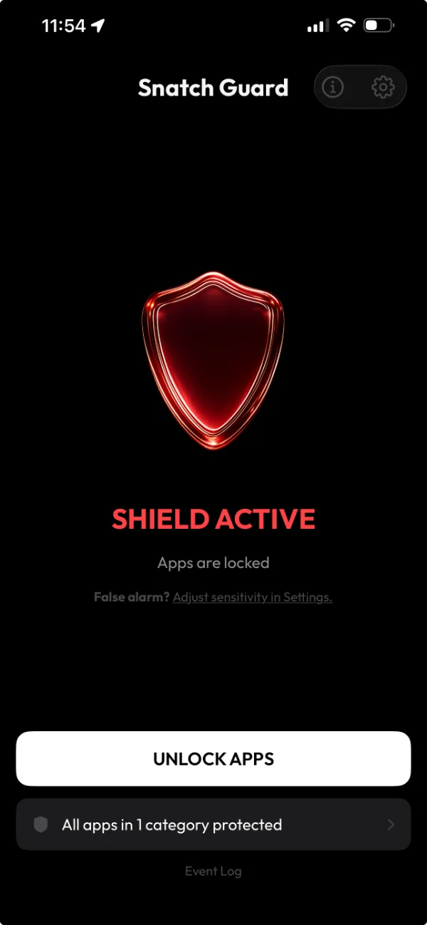 Snatch Guard shield active — apps locked after a detected snatch